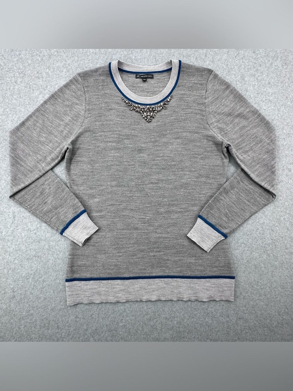 Adrianna Papell Crewneck Sweater with Blue Trim and Jewel Embellishment